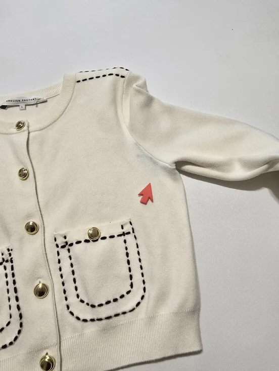 English Factory Stitch Detail Puff Sleeve Cardigan Crew Neck Long Sleeve Size L - Picture 8 of 13